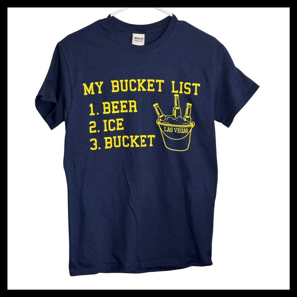 NWOT Gildan Ultra Cotton My Bucket List Beer Las Vegas Graphic T-Shirt Navy 2XL